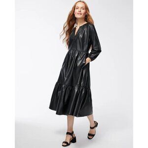 Chico's Black Faux Leather 3/4 Sleeve Pleather Tiered Midi Dress Women's Size 4